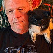 Diva is registered to the contest to win money with this photo: man, dog, puppy, black_tshirt, sitting, shoulder, indoor, portrait, fluffy, pet, animal, casual, relaxed, colorful_background, expression, hair, face, companion, cute, domestic_animal