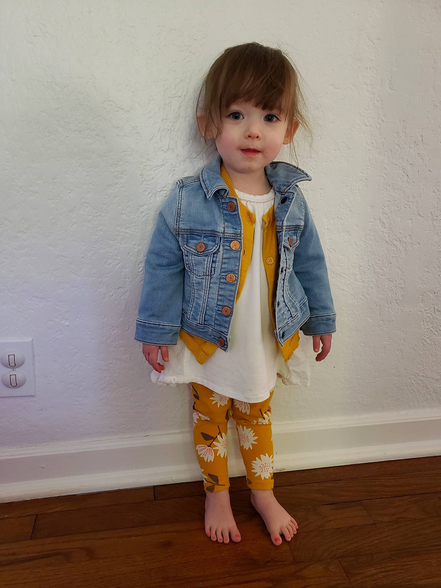 Navie joined the competition — help win amazing prizes! child, child_model, clothing, denim, footwear, jacket, jeans, outerwear, pattern, person, shoe, skin, sleeve, standing, toddler, yellow