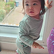 Luciana participe au concours pour gagner de l'argent avec cette photo : toddler, child, indoor, window, curious, standing, pajamas, pink_shoes, hair_clip, wooden_floor, autumn, trees, leaves, street, daylight, person, young_child, balance, home, casual_clothing