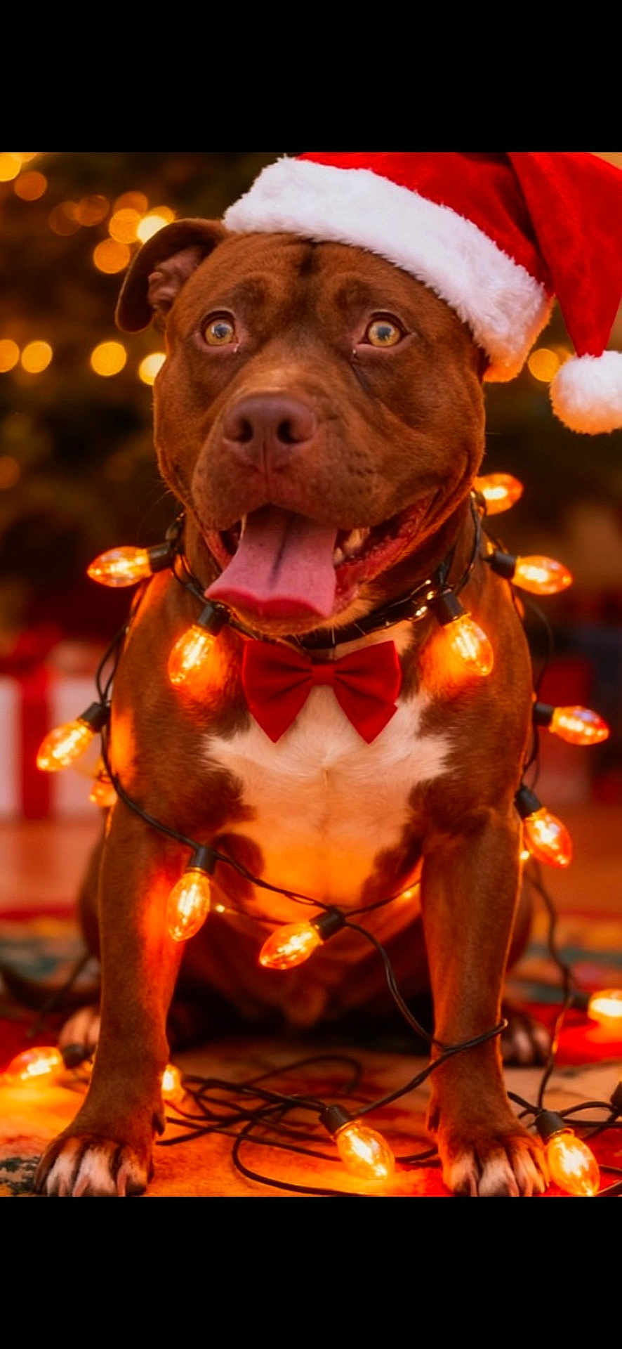 Chief joined the competition — help win amazing prizes! dog, brown_dog, santa_hat, christmas_lights, red_bow_tie, holiday, festive, tongue_out, celebration, pet, indoors, decorations, happy, cute, animal, christmas, warm_lighting, smiling, portrait, christmas_tree