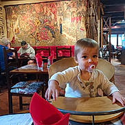 Arthur participe au concours pour gagner de l'argent avec cette photo : toddler, child, pacifier, high_chair, restaurant, wooden_furniture, tapestry, people, indoor, table, napkin, glass, menu, floor, brick_wall, decor, seated, curious, light, casual