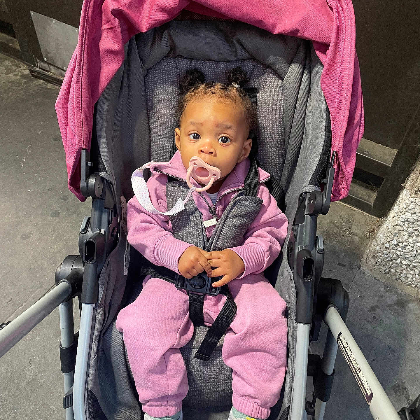 Kahmiya joined the competition — help win amazing prizes! baby, child, cute, expression, footwear, hair_buns, infant, jacket, outdoor, pacifier, pants, person, pink_clothing, seat_belt, sidewalk, sitting, sneakers, stroller, urban, young_child
