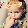 toddler, child, high_chair, blue_eyes, filter, animal_ears, heart_shapes, hand, thumb_sucking, colorful_dress, seatbelt, bottle, curious_expression, indoor, face, baby, cute, portrait, flower_background, sky