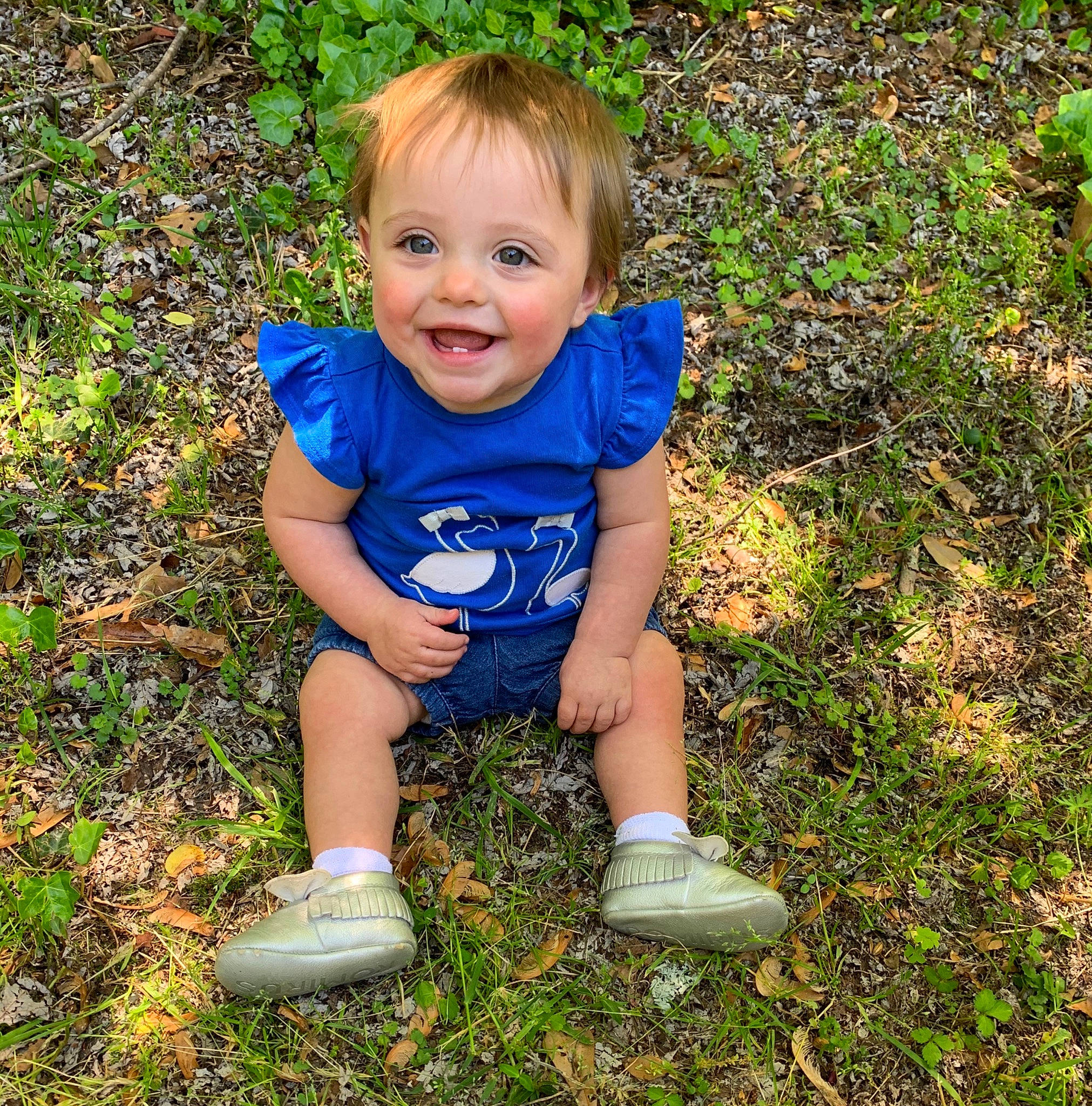 Madalyn is registered to the contest to win money with this photo: baby, child, fun, grass, happy, joy, person, plant, play, sitting, smile, toddler, tree, vacation