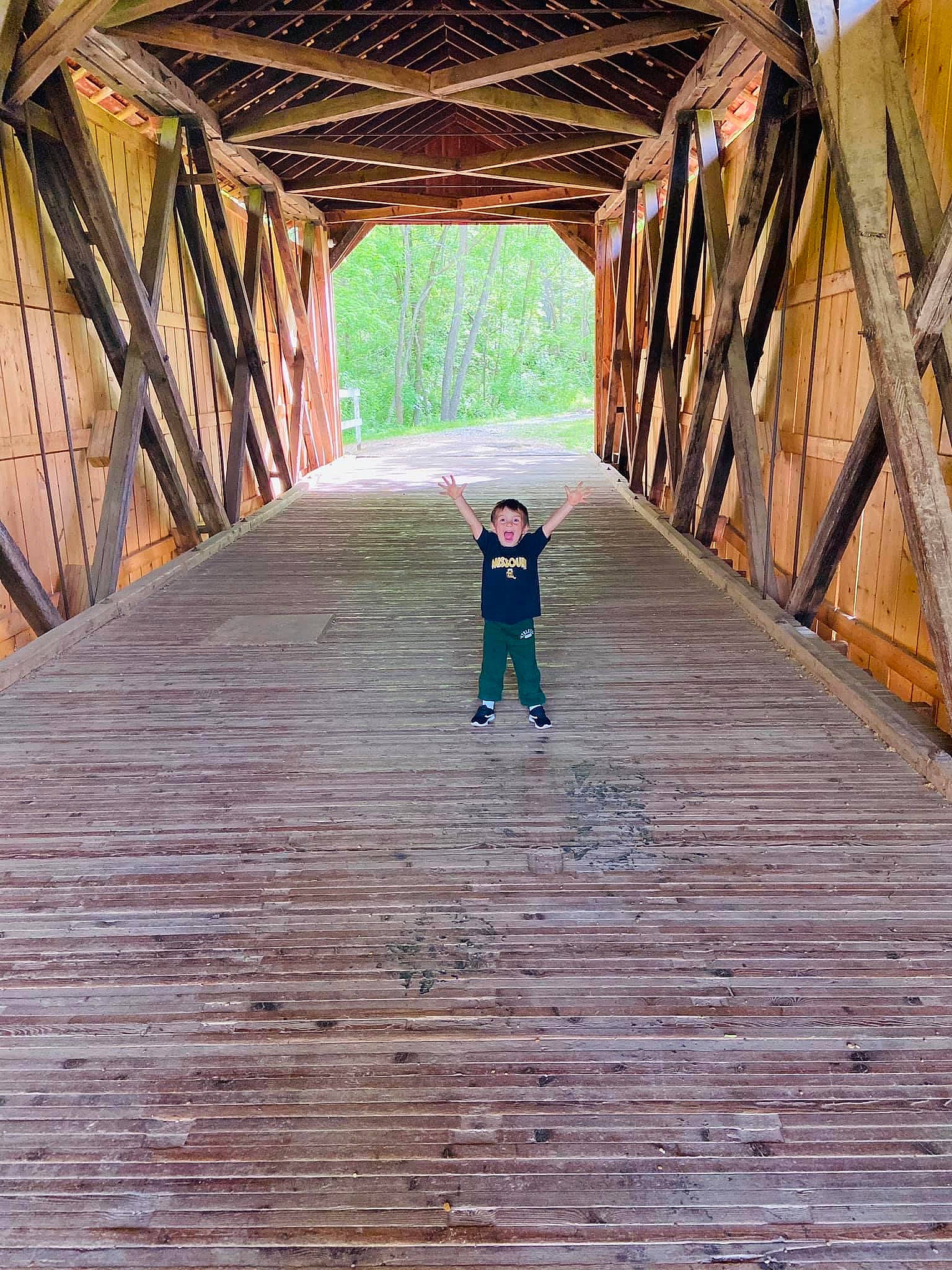 River is registered to the contest to win money with this photo: bridge, child, floor, fun, leisure, nonbuilding_structure, person, photography, room, tree, vacation, walking, walkway, wood