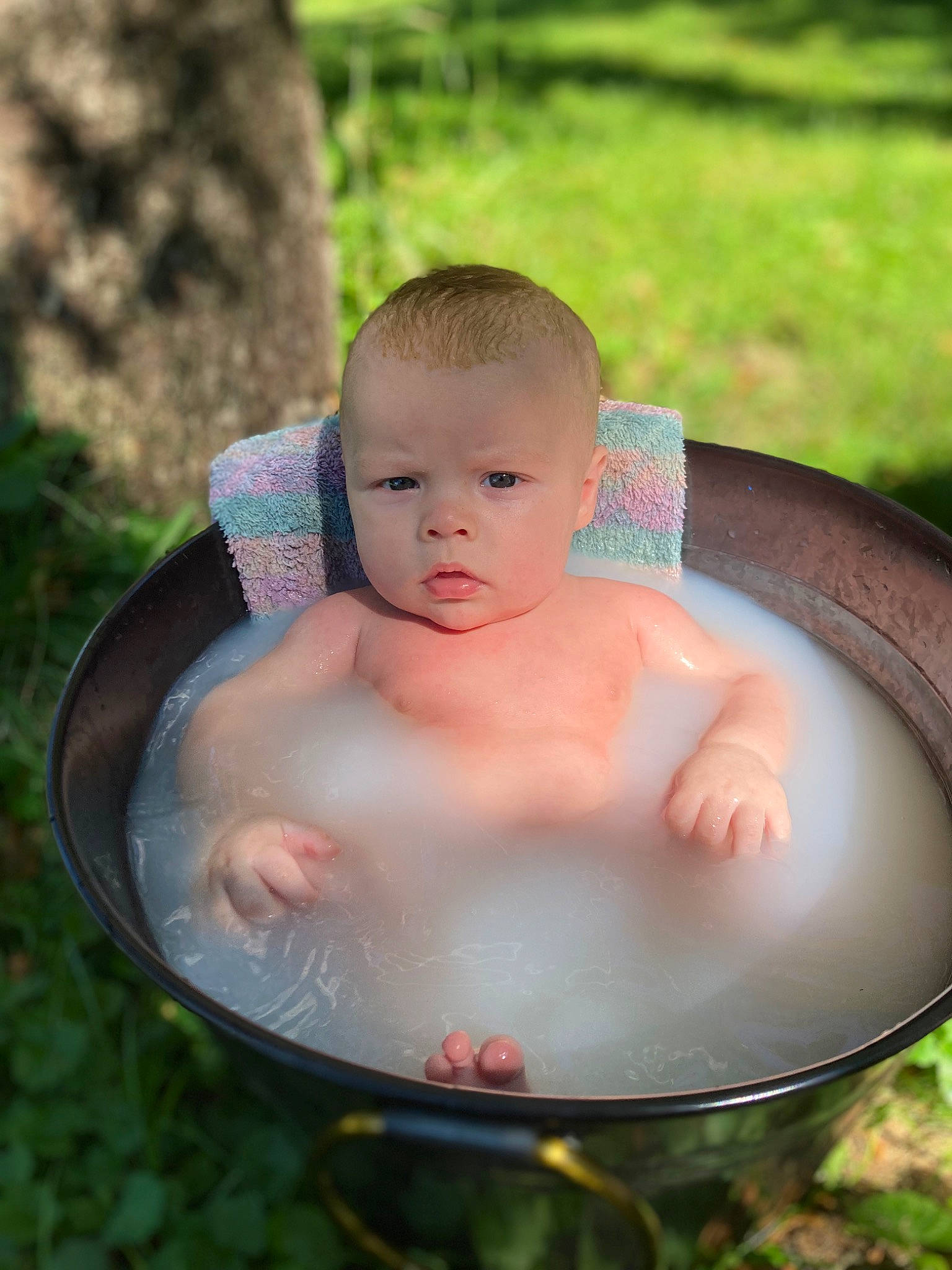 Oaklen is registered to the contest to win money with this photo: baby, baby_products, bathing, cheek, child, eye, face, grass, hand, happy, head, leisure, lip, person, plant, recreation, skin, toddler, tree, water