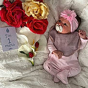 Hortense participe au concours pour gagner de l'argent avec cette photo : baby, infant, pink_clothing, headband, pacifier, flower, roses, calla_lilies, blanket, soft_texture, milestone_card, one_month, portrait, cute, lying_down, newborn, celebration, indoor, closeup, baby_bib