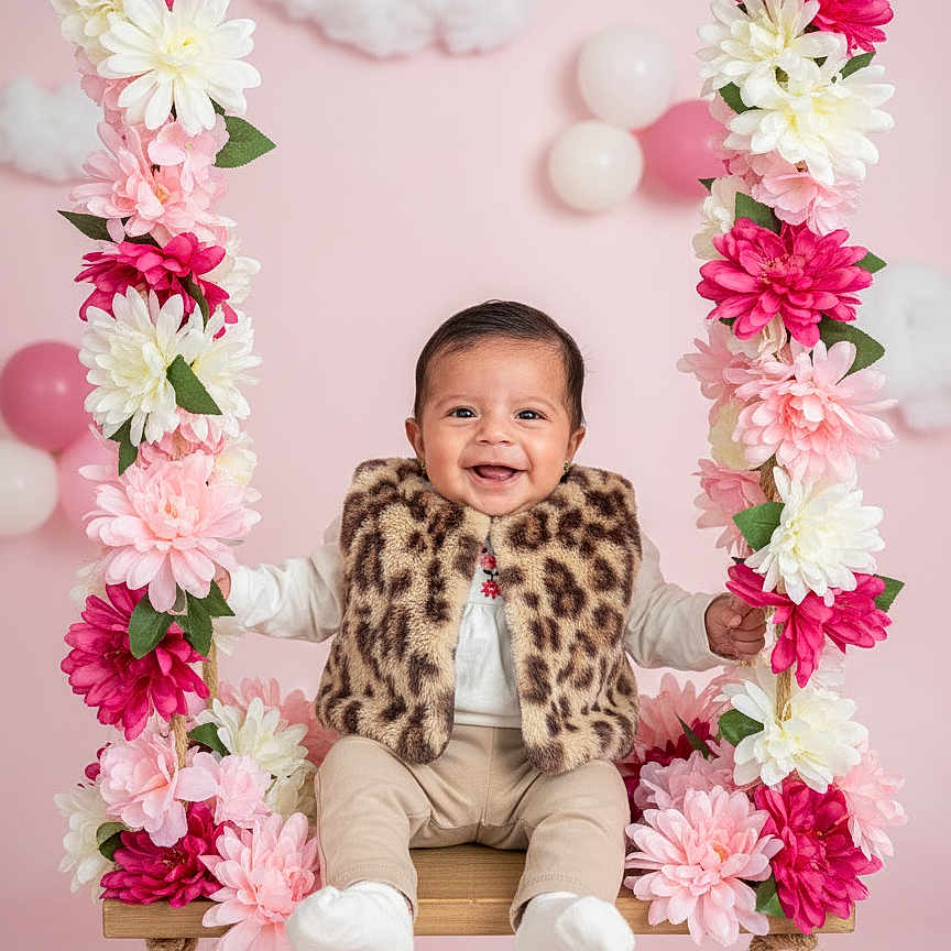 Ada Gaitán joined the competition — help win amazing prizes! baby, balloons, child, clouds, cute, decor, flowers, happy, indoor, infant, leopard_print, pink_background, playful, portrait, seated, smiling, soft_lighting, swing, toy, vest