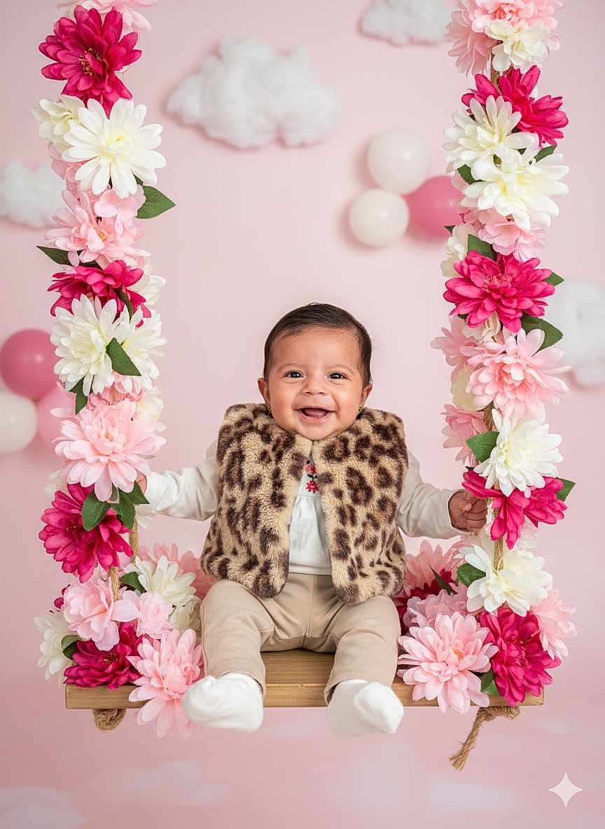 Ada Gaitán joined the competition — help win amazing prizes! baby, swing, flowers, pink_background, smiling, leopard_print, vest, balloons, clouds, cute, child, happy, indoor, portrait, toy, decor, soft_lighting, infant, playful, seated
