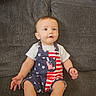baby, child, infant, couch, sofa, clothing, overalls, stars, stripes, patriotic, sitting, indoor, furniture, person, cute, smiling, happy, young, portrait, home