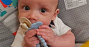 Xavier is registered to the contest to win money with this photo: baby, infant, pacifier, teething_toy, baby_seat, colorful, animal_design, warning_label, cute, child, small_hands, clothing, indoor, portrait, close_up, young_child, playful, soft_lighting, handheld_toy, adorable