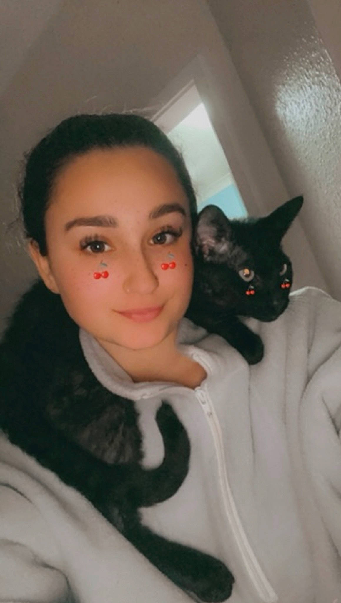 Slinky is registered to the contest to win money with this photo: black_hair, carnivore, cat, cheek, comfort, ear, eye, eyebrow, eyelash, felidae, flash_photography, hair, head, iris, jacket, jaw, nose, skin, small_to_medium_sized_cats, whiskers