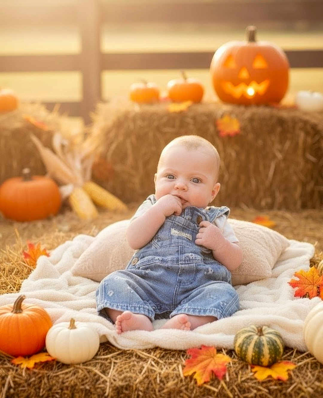 Kaylee joined the competition — help win amazing prizes! baby, denim_overalls, blanket, pumpkin, jack_o_lantern, autumn_leaves, hay, fall, cute, infant, outdoor, seasonal, festive, soft_light, portrait, child, sitting, orange, white_pumpkin, green_pumpkin