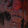 Aria is registered to the contest to win money with this photo: baby, sleeping, infant, onesie, patterned_clothing, peaceful, face, head, closed_eyes, bed, blanket, rose_pattern, frame, text_overlay, heart_symbol, cute, cozy, indoors, portrait, child