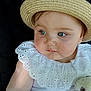 baby, child, hat, straw_hat, white_clothing, eyelet_lace, face, blue_eyes, rosy_cheeks, soft_light, portrait, cute, infant, closeup, sitting, indoors, plush_toy, young_child, skin, expression