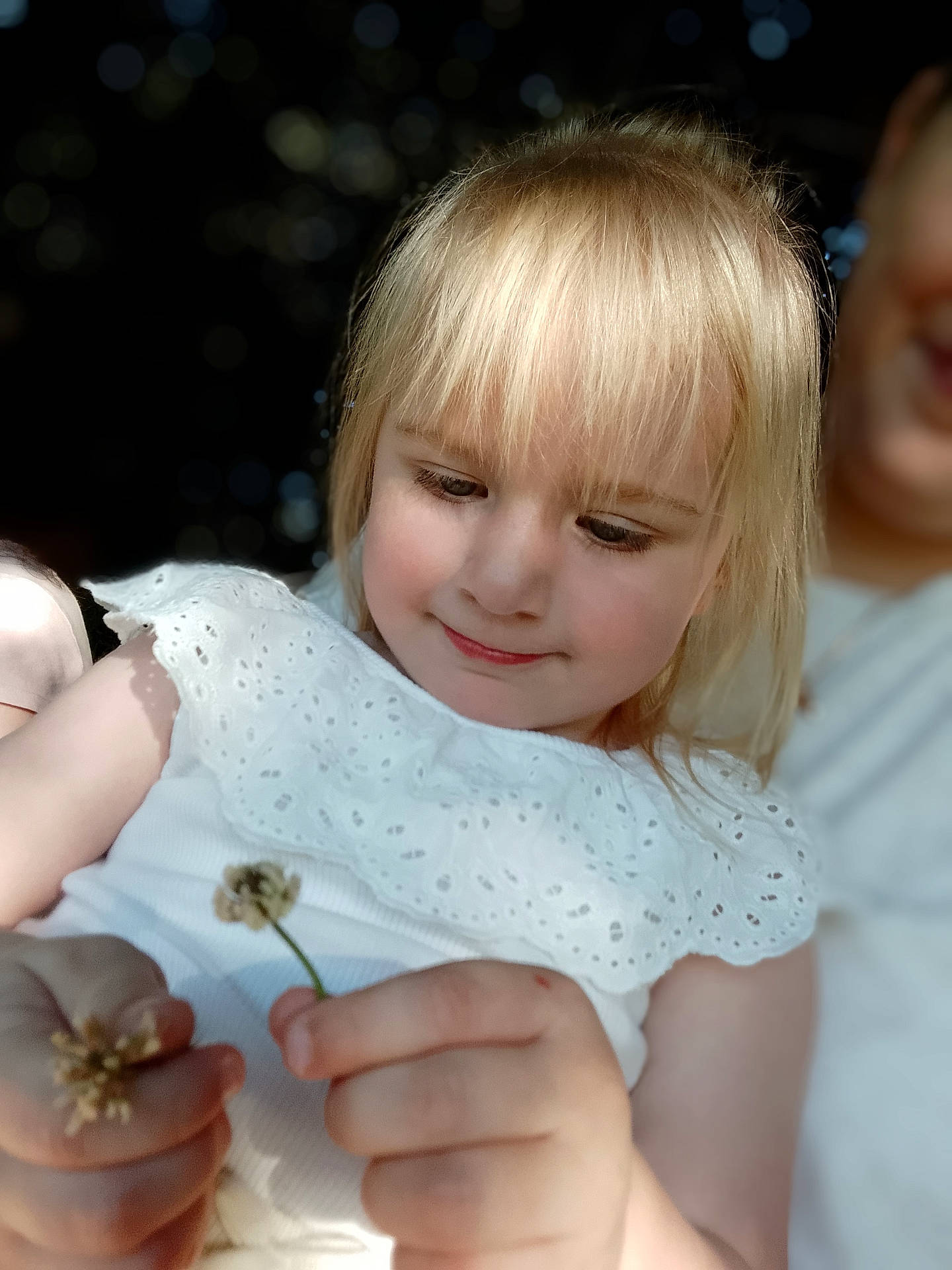 Julie participe au concours pour gagner de l'argent avec cette photo : background_blur, blonde_hair, child, closeup, curious, cute, face, flower, girl, hands, happy, innocence, nature, outdoor, person, portrait, smile, sunlight, white_dress, young_child