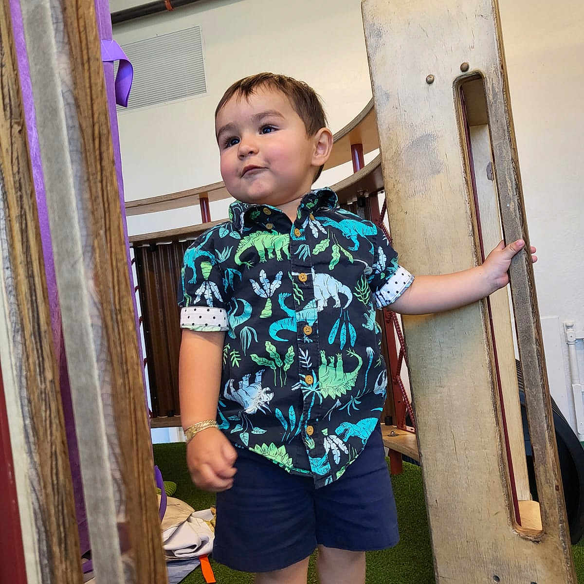 Ahllan is registered to the contest to win money with this photo: black_shoes, bracelet, casual_clothing, child, curly_hair, cute, dinosaur_shirt, expression, fashion, green_carpet, indoor, person, play_area, playground, shorts, smiling, standing, toddler, wooden_structure, young_child