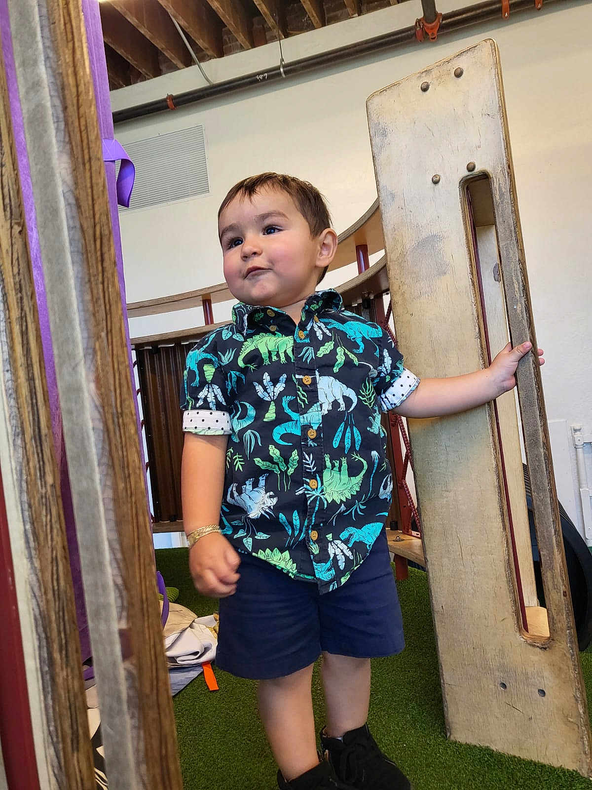 Ahllan is registered to the contest to win money with this photo: toddler, child, indoor, dinosaur_shirt, shorts, wooden_structure, green_carpet, curly_hair, black_shoes, bracelet, play_area, casual_clothing, smiling, cute, standing, young_child, playground, person, fashion, expression