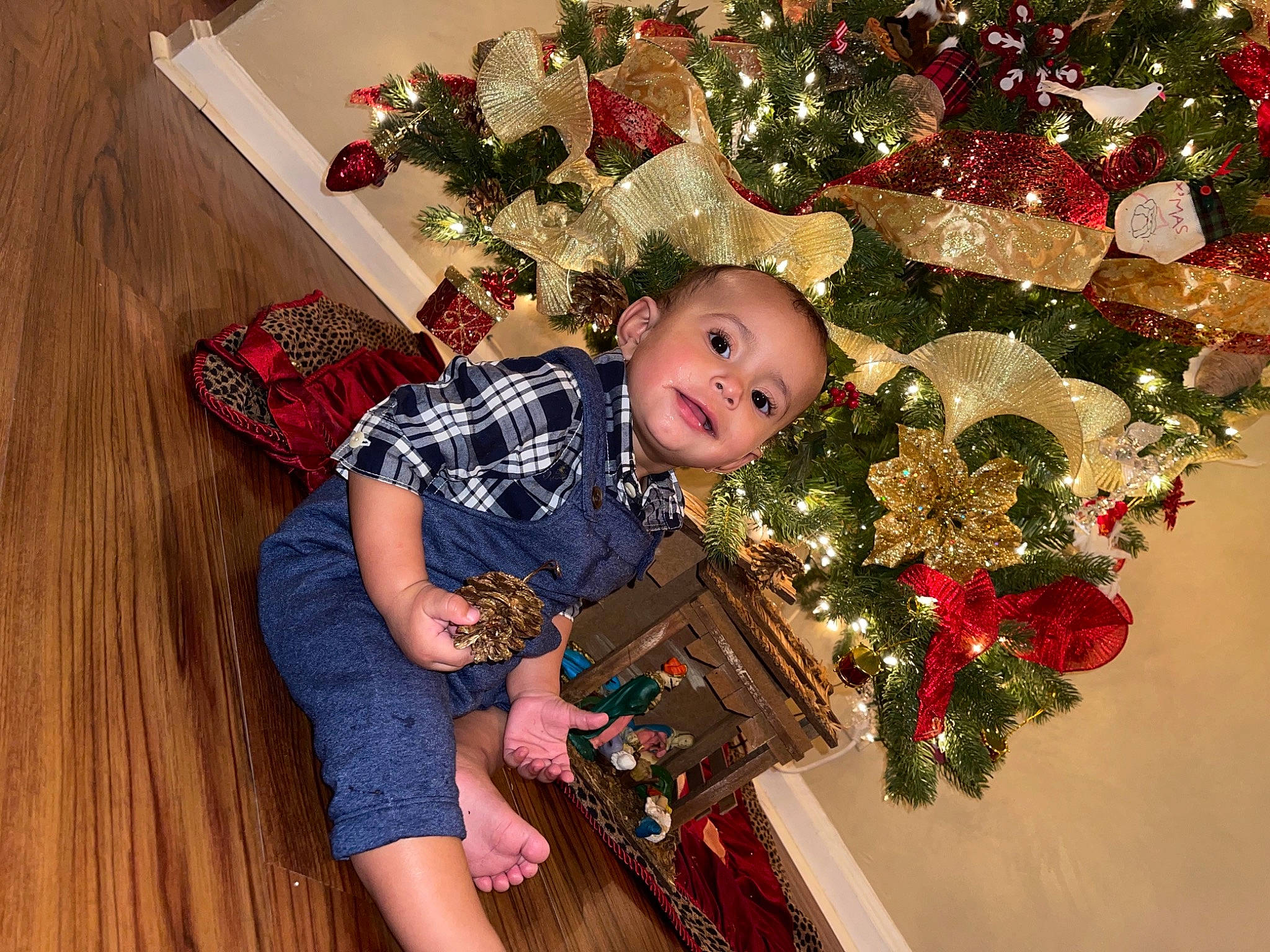 Phillip joined the competition — help win amazing prizes! baby_toddler_clothing, christmas, christmas_decoration, christmas_eve, christmas_ornament, christmas_tree, flooring, hardwood, holiday, holiday_ornament, home, human, interior_design, living_room, ornament, person, red, sock, toddler, toy