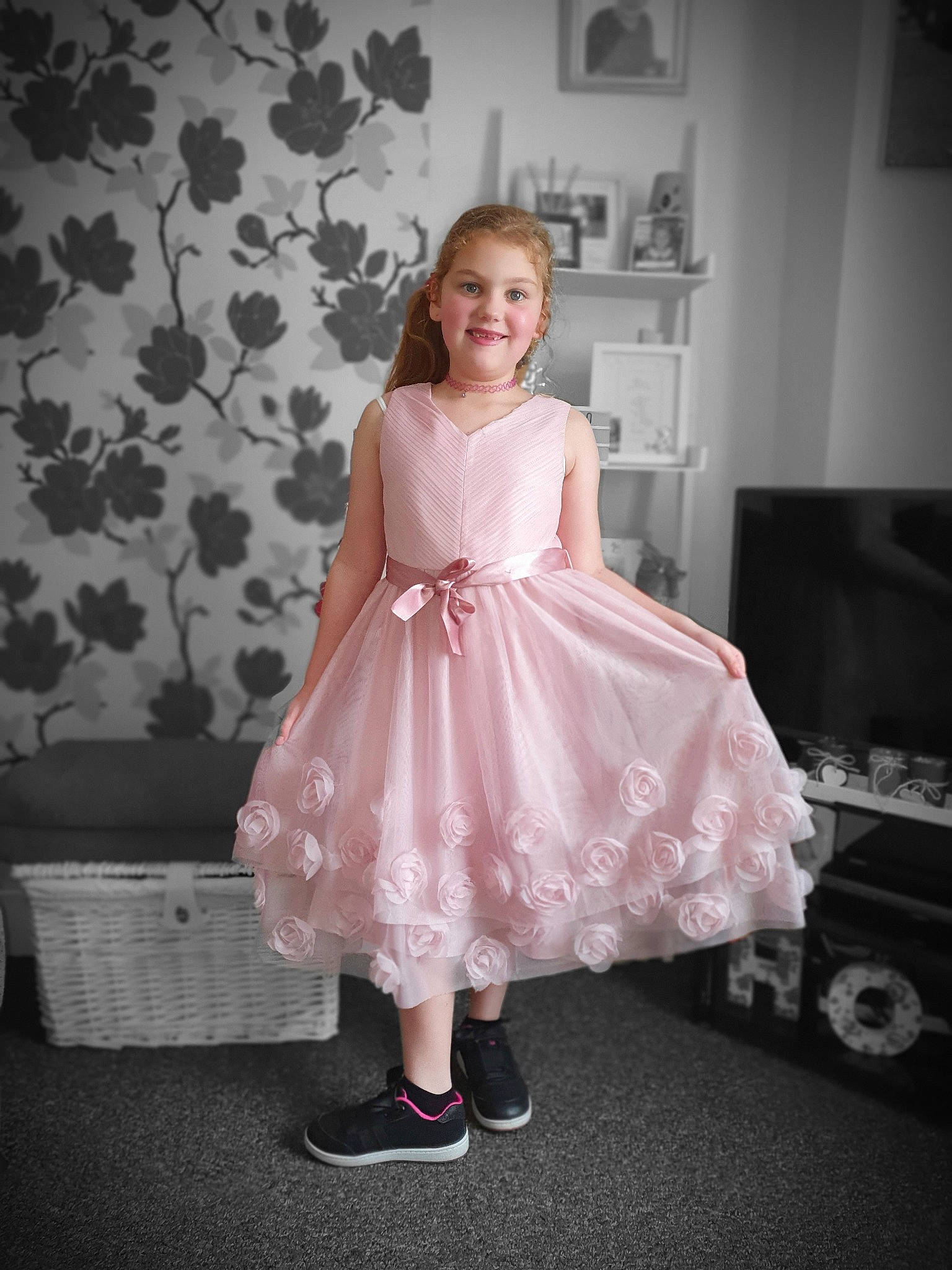 Lacie joined the competition — help win amazing prizes! a_line, bridal_party_dress, child, child_model, clothing, cocktail_dress, dress, fashion_design, flower_girl, formal_wear, gown, joy, peach, person, pink, shoulder, smile, toddler