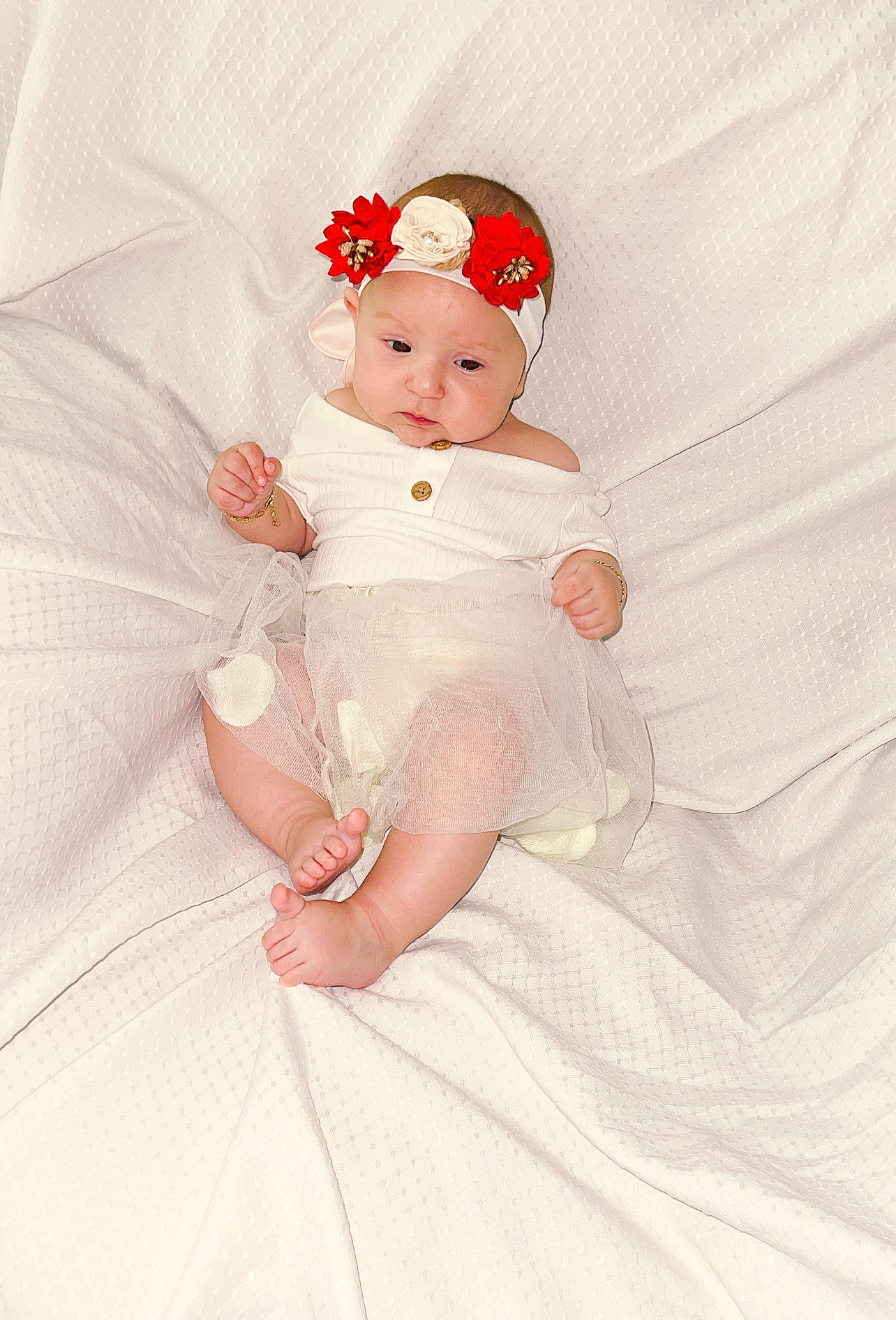 Liana joined the competition — help win amazing prizes! arm, baby, baby_toddler_clothing, bridal_accessory, costume_hat, dress, embellishment, eye, fashion_accessory, flower, hair_accessory, headband, headpiece, headwear, human_body, linens, pattern, peach, person, petal