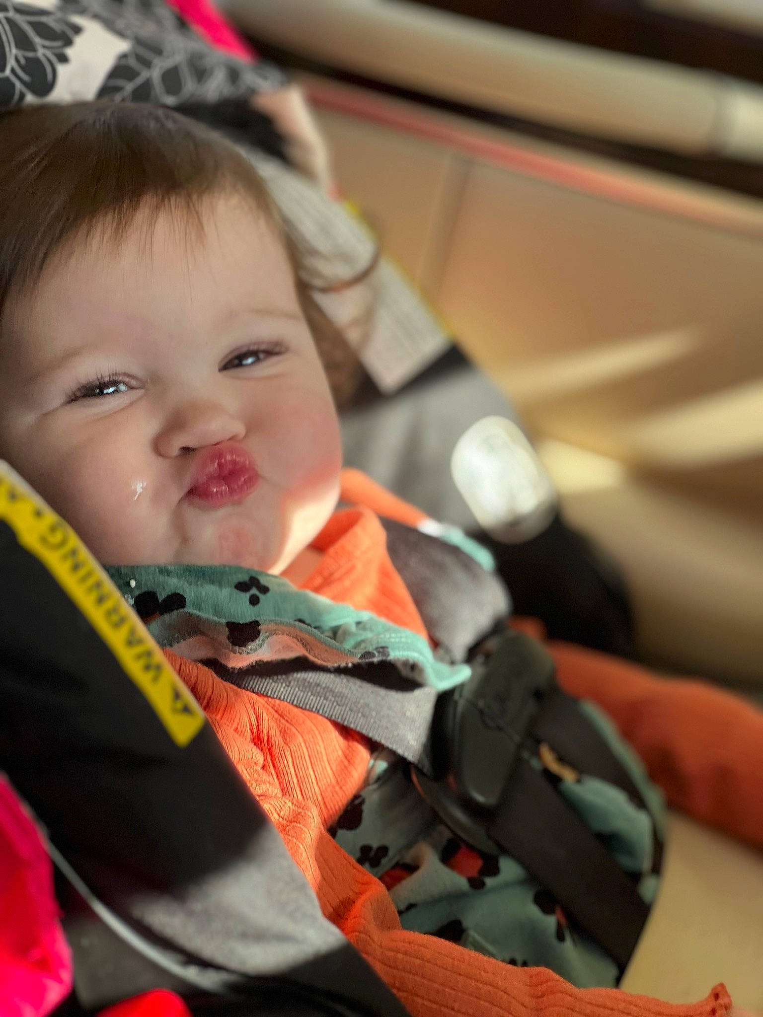 Averie joined the competition — help win amazing prizes! baby, baby_carriage, baby_products, baby_toddler_clothing, car_seat, cheek, child, comfort, event, fashion_accessory, fun, happy, orange, person, personal_protective_equipment, sitting, skin, smile, toddler, vacation