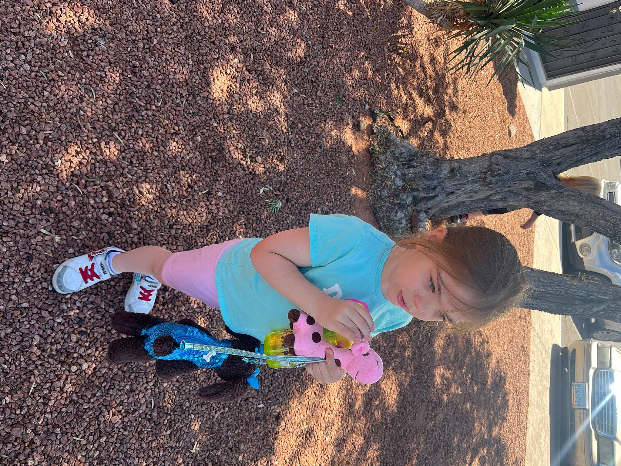 Elsa is registered to the contest to win money with this photo: asphalt, child, electric_blue, fun, grass, human_leg, knee, leisure, people_in_nature, person, play, recreation, shadow, skateboard, skateboarding_equipment, soil, thigh, toddler, tree, wood