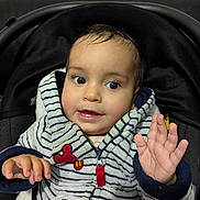 Yusuf participe au concours pour gagner de l'argent avec cette photo : baby, black_cushion, child, cozy_clothing, curious_eyes, cute, face, hand_raised, happy, indoors, infant, mickey_mouse, portrait, seated, small_teeth, smiling, striped_jacket, warm_jacket, young_child, zipped_jacket