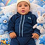 baby, child, plush_toy, teddy_bear, stuffed_rabbit, toy_train, alphabet_blocks, rainbow, stars, clouds, blue_clothing, hat, pillow, blanket, indoor, portrait, cute, smiling, infant, playtime