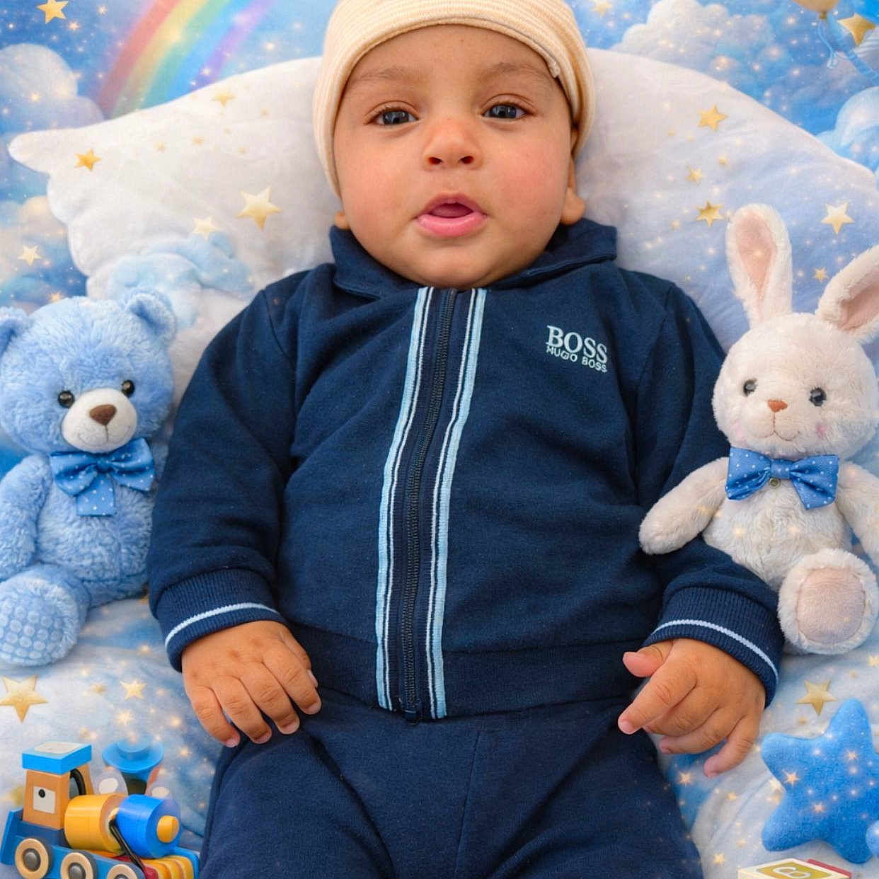 Yusuf participe au concours pour gagner de l'argent avec cette photo : alphabet_blocks, baby, blanket, blue_clothing, child, clouds, cute, hat, indoor, infant, pillow, playtime, plush_toy, portrait, rainbow, smiling, stars, stuffed_rabbit, teddy_bear, toy_train