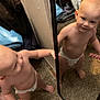 barefoot, carpet, child, curious, diaper, face, foot, hand, holding, household, indoor, mirror, patriotic, person, red_white_blue, reflection, room, standing, toddler, toy