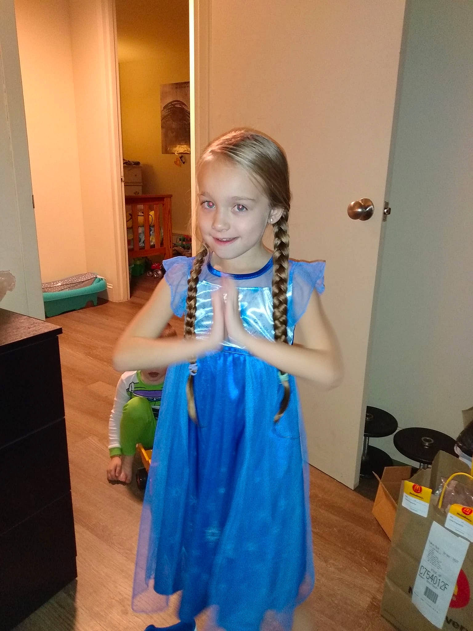 Blythe joined the competition — help win amazing prizes! child, costume, day_dress, door, dress, electric_blue, event, fashion_design, flooring, formal_wear, fun, happy, jewellery, joy, one_piece_garment, pattern, person, room, sleeve, smile