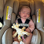 Aixa is registered to the contest to win money with this photo: baby, sleeping, car_seat, plush_toy, giraffe, child, infant, seatbelt, pink_clothing, white_socks, comfort, peaceful, cushion, fabric, head_support, closeup, indoors, seat, resting, adorable