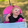 toddler, child, stroller, pink, smile, outdoor, happy, baby, clothing, foot, seat, person, portrait, cute, playful, sunlight, nature, grass, summer, fun