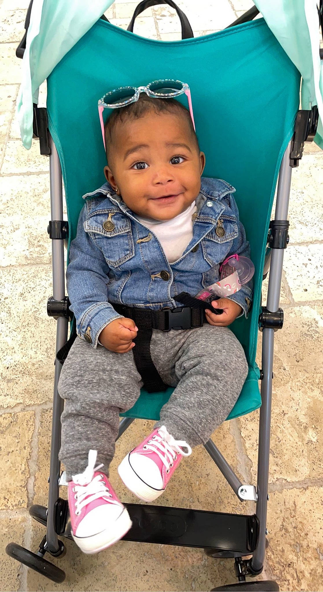Jayla joined the competition — help win amazing prizes! baby, baby_carriage, baby_toddler_clothing, black, chair, child, electric_blue, facial_expression, folding_chair, fun, green, leisure, person, photograph, product, recreation, sitting, snapshot, sneakers, toddler