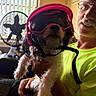 Garnett is registered to the contest to win money with this photo: blurred_background, cute, dog, face, fan, funny, glasses, goggles, helmet, holding, indoor, light, man, mustache, pet, portrait, seated, smiling, window, yellow_shirt