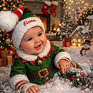 Elena a rejoint le concours — aidez-le/la à gagner de superbes lots ! baby, child, christmas, cute, decorations, elf_costume, festive, fireplace, green, happy, holiday, indoor, lights, red, smile, snow, stockings, toy, winter, wreath