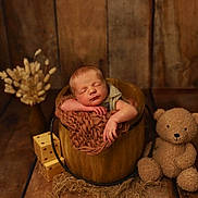Gabriel participe au concours pour gagner de l'argent avec cette photo : newborn, baby, sleeping, wooden_bucket, knitted_blanket, teddy_bear, wooden_blocks, dried_flowers, rustic, cozy, cute, infant, portrait, indoors, warm_colors, soft_lighting, baby_pose, wooden_floor, decor, child