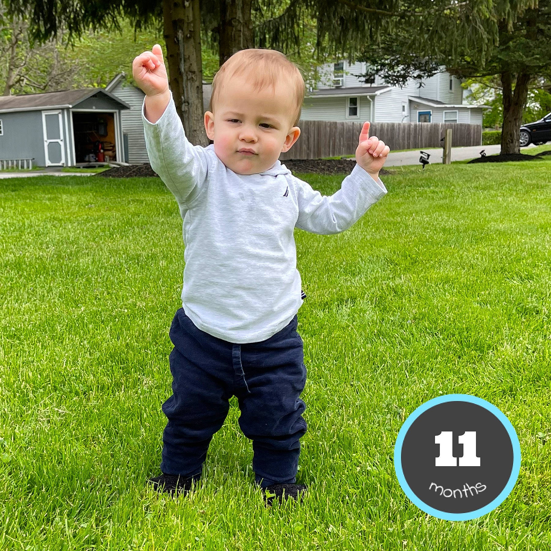 Bentley is registered to the contest to win money with this photo: baby, baby_toddler_clothing, child, fun, gesture, grass, grass_family, grassland, happy, lawn, leisure, mammal, meadow, people_in_nature, person, plant, sleeve, t_shirt, thumb, toddler