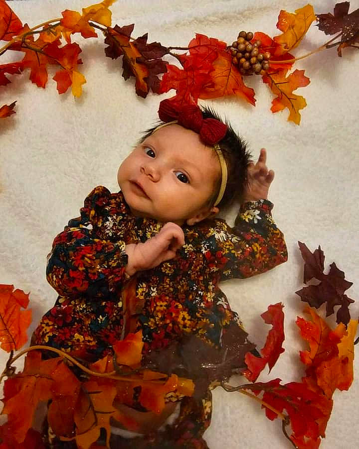 Aspen is registered to the contest to win money with this photo: art, botany, child, creative_arts, deciduous, doll, event, floral_design, happy, headwear, leaf, orange, peach, people_in_nature, person, petal, plant, textile, toy, tree