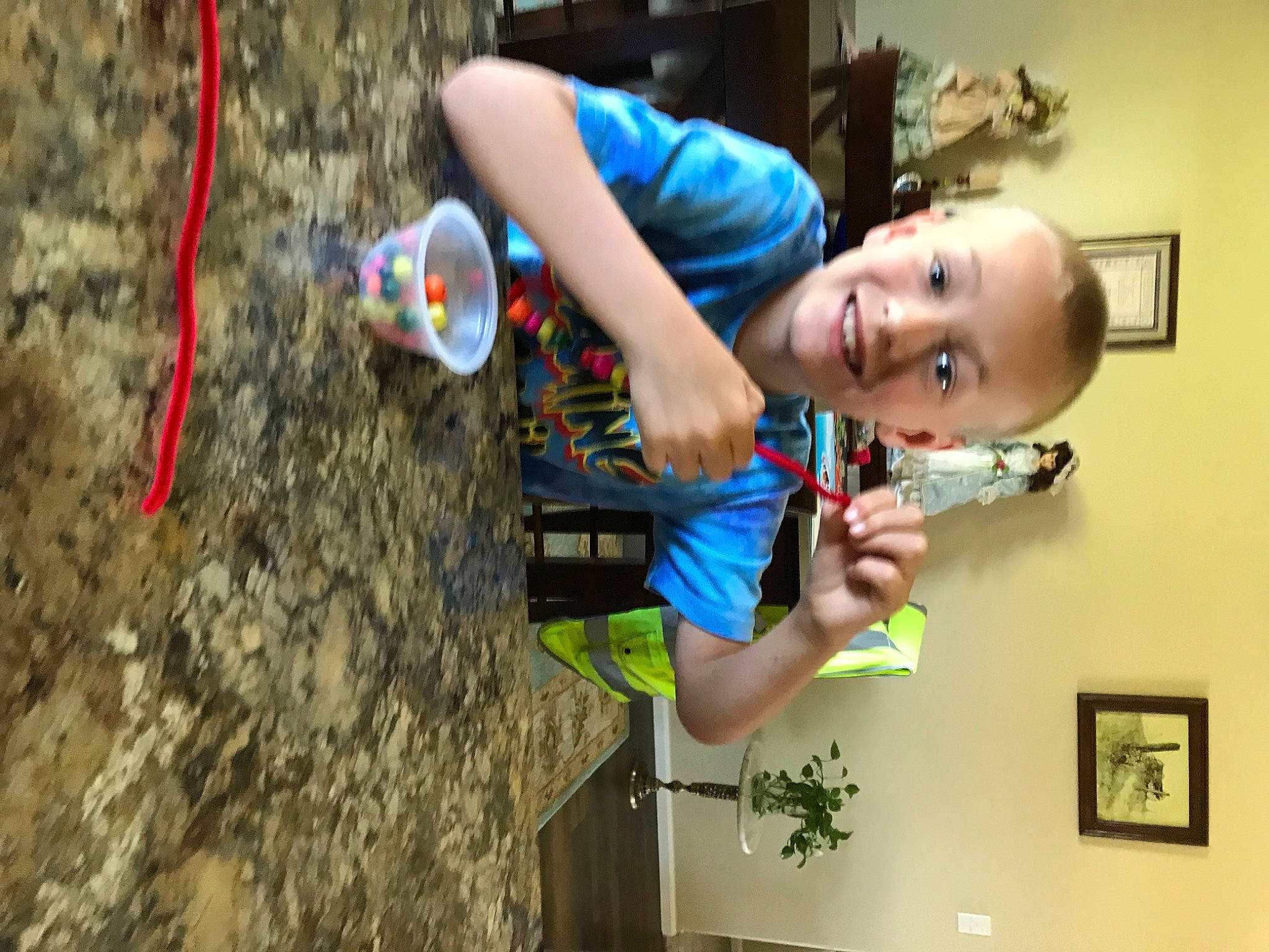 Tyson is registered to the contest to win money with this photo: arm, child, door, electric_blue, event, fun, happy, house, houseplant, joy, leisure, person, picture_frame, plant, recreation, room, smile, soil, t_shirt, toddler