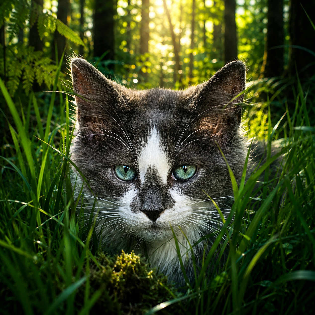 Gribouille participe au concours pour gagner de l'argent avec cette photo : cat, animal, face, blue_eyes, whiskers, grass, forest, nature, sunlight, outdoor, greenery, closeup, wildlife, mammal, ears, fur, predator, stalking, daylight, eyes