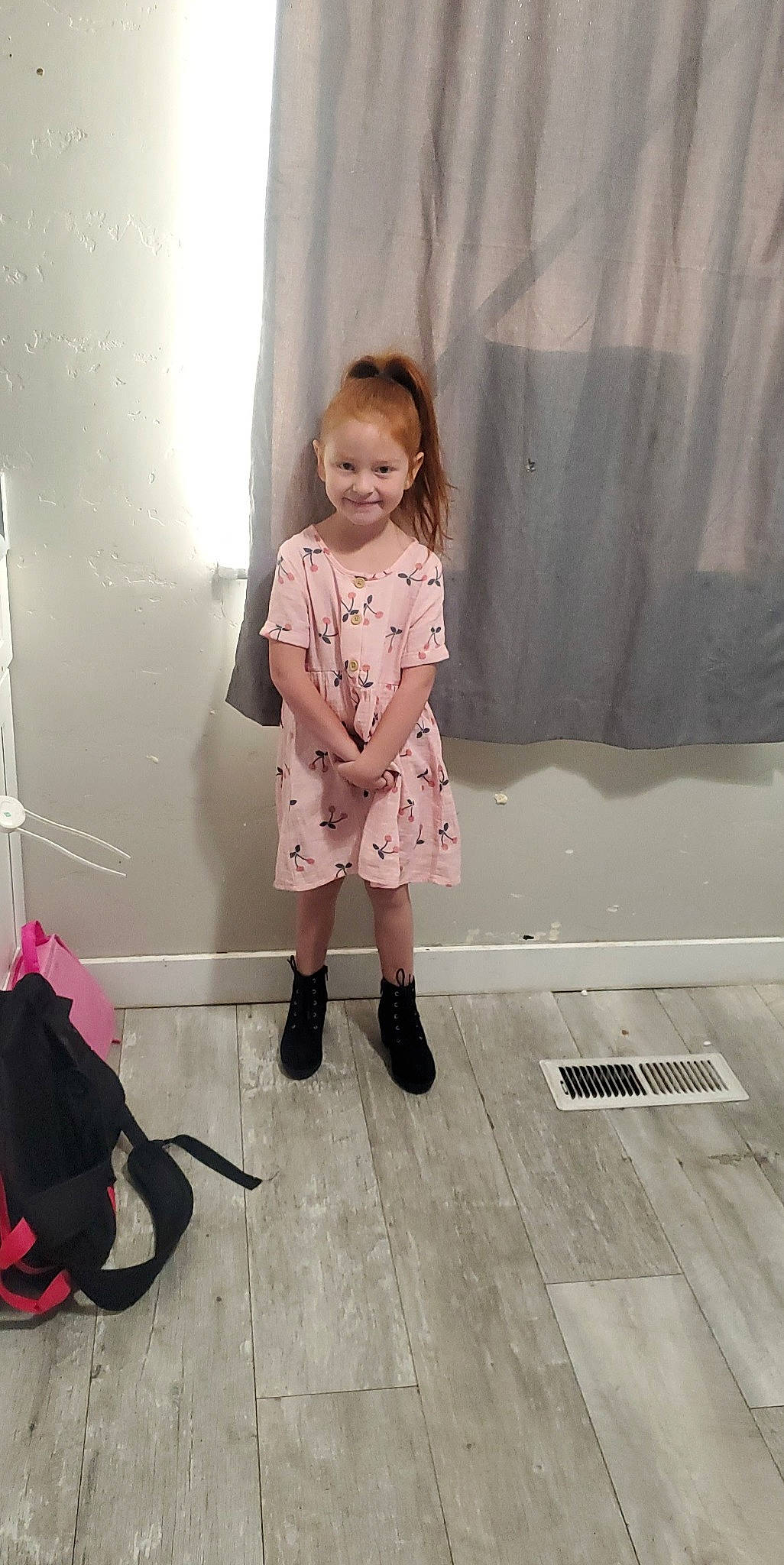 Devan joined the competition — help win amazing prizes! baby_toddler_clothing, bag, child, fashion_design, floor, flooring, happy, human_leg, joint, joy, knee, luggage_and_bags, magenta, pattern, person, pink, sandal, sleeve, smile, standing
