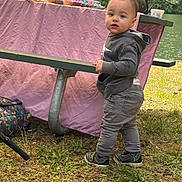 Jaden joined the competition — help win amazing prizes! toddler, child, outdoor, picnic_table, grass, nature, lake, forest, clothing, hoodie, pants, shoes, person, daylight, standing, curious, young_child, park, recreation, casual