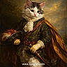 Engelschü is registered to the contest to win money with this photo: cat, portrait, historical_clothing, costume, cape, sword, hat, feather, ruffled_collar, gloves, painting_style, noble, regal, feline, art, classical, dramatic_lighting, background, fur, website_text