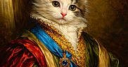 Engelschü is registered to the contest to win money with this photo: cat, animal, portrait, costume, royal, noble, clothing, medallion, blue_sash, red_cloak, fur, white_fur, brown_fur, gold_trim, ornate, texture, painting_style, background, indoor, website_text
