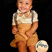 Silas joined the competition — help win amazing prizes! baby, infant, child, portrait, smiling, happy, sitting, bow_tie, suspenders, formalwear, polka_dot, shirt, shorts, clothing, milestone, five_months, wooden_plaque, chair, indoor, black_background