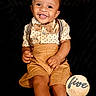 baby, infant, child, portrait, smiling, happy, sitting, bow_tie, suspenders, formalwear, polka_dot, shirt, shorts, clothing, milestone, five_months, wooden_plaque, chair, indoor, black_background