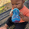 toddler, child, baby, drinking, sippy_cup, orange_shirt, black_shorts, bench, metal_mesh, outdoors, grass, sunlight, barefoot, concentration, portrait, daytime, person, young_child, cute, casual_clothing