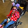 accessories, child, clothing, face, female, footwear, girl, happy, hat, head, pants, person, photography, portrait, selfie, shoe, smile, stroller, sunglasses, toy